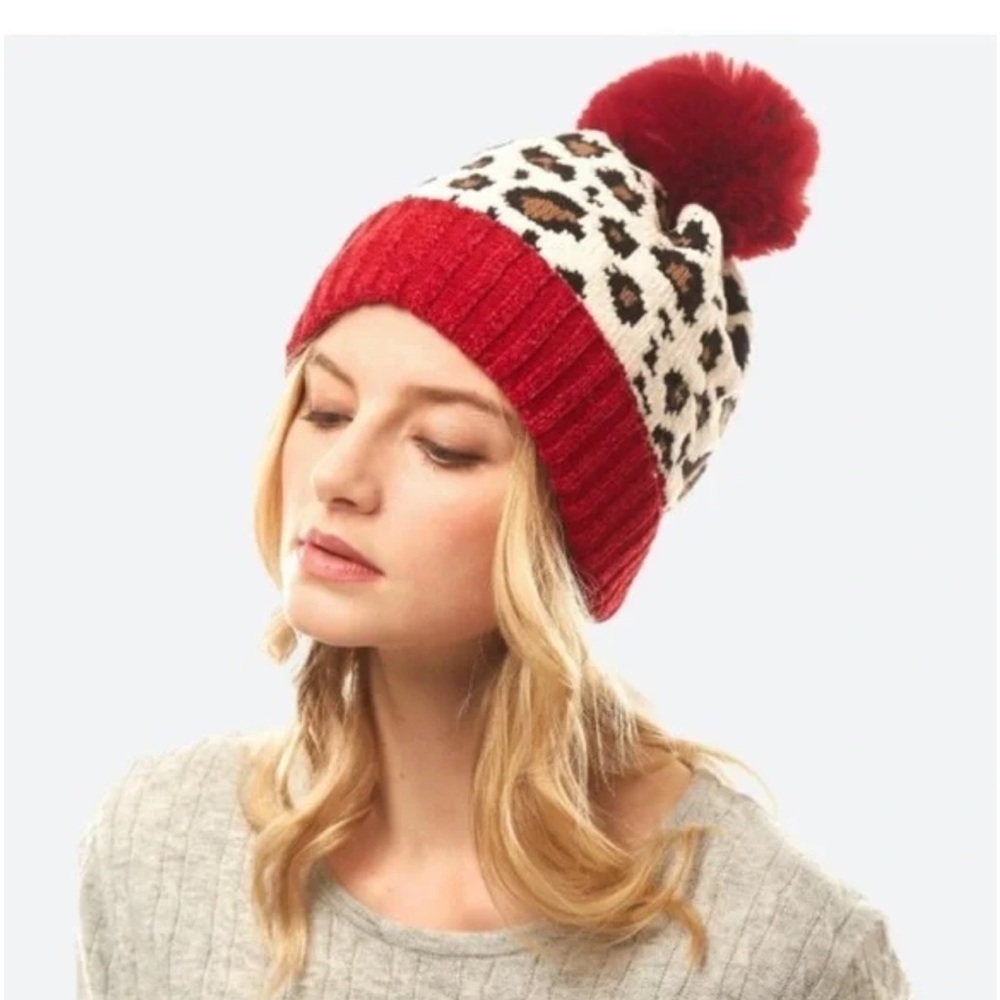 Chenille Knit Leopard Print Pom Beanie - Picture 2 of 4